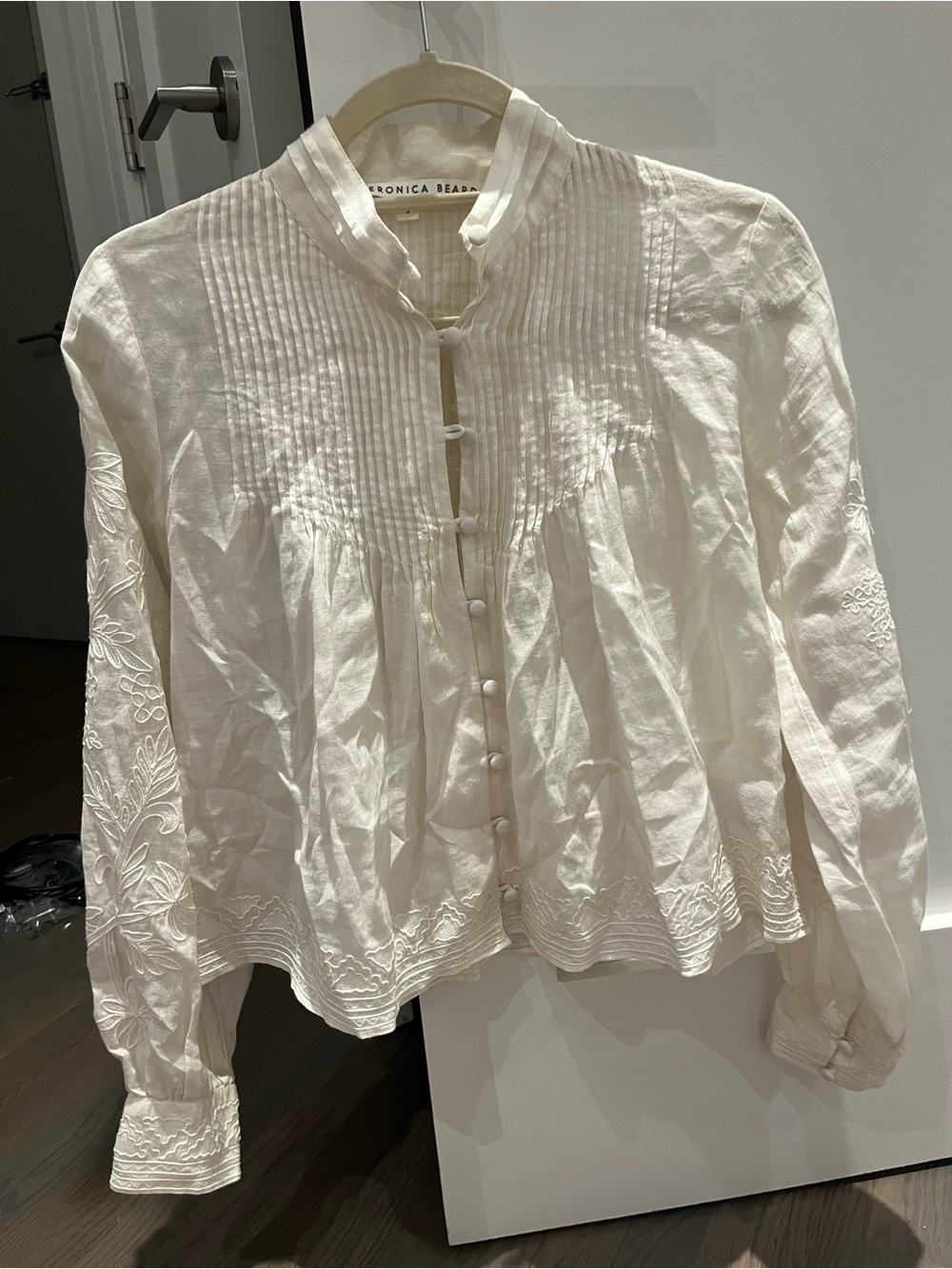 Veronica Beard Amandine White Embroidered Pintuck Button-Front Blouse - Picture 2 of 9